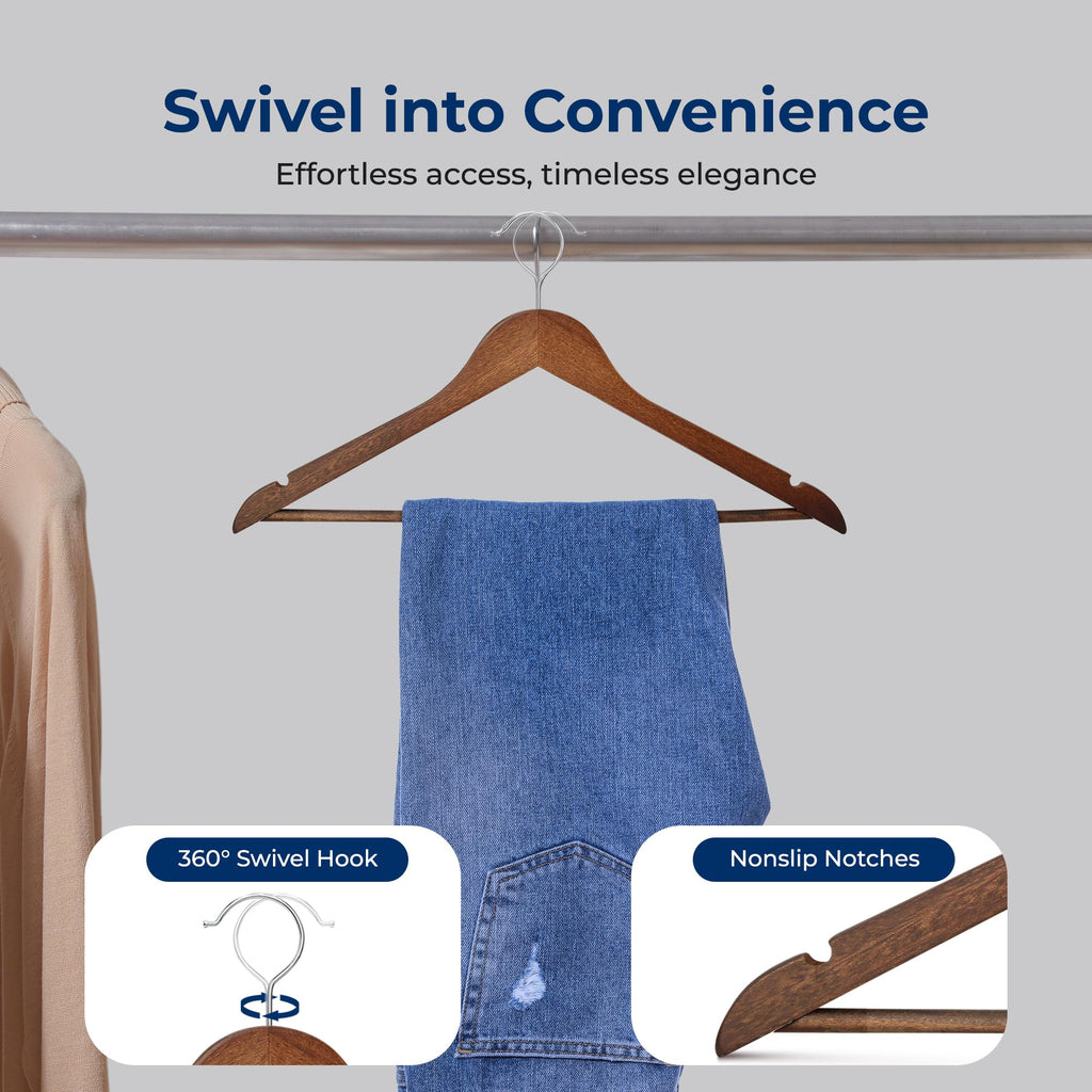 50-Pack Wooden Coat Hangers - Durable Suit Hangers with 360° Swivel Hook & Notches - Slim Design for Shirts, Jackets