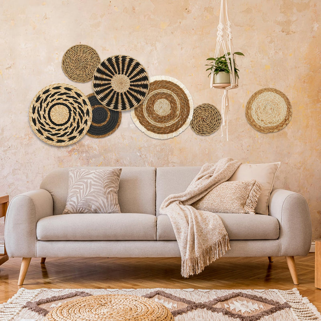 Boho Woven Wall Basket Decor, 7 Pcs Round Hanging Basket, Rustic Flat Elegant Wall Art, Seagrass Rattan Wicker Dining