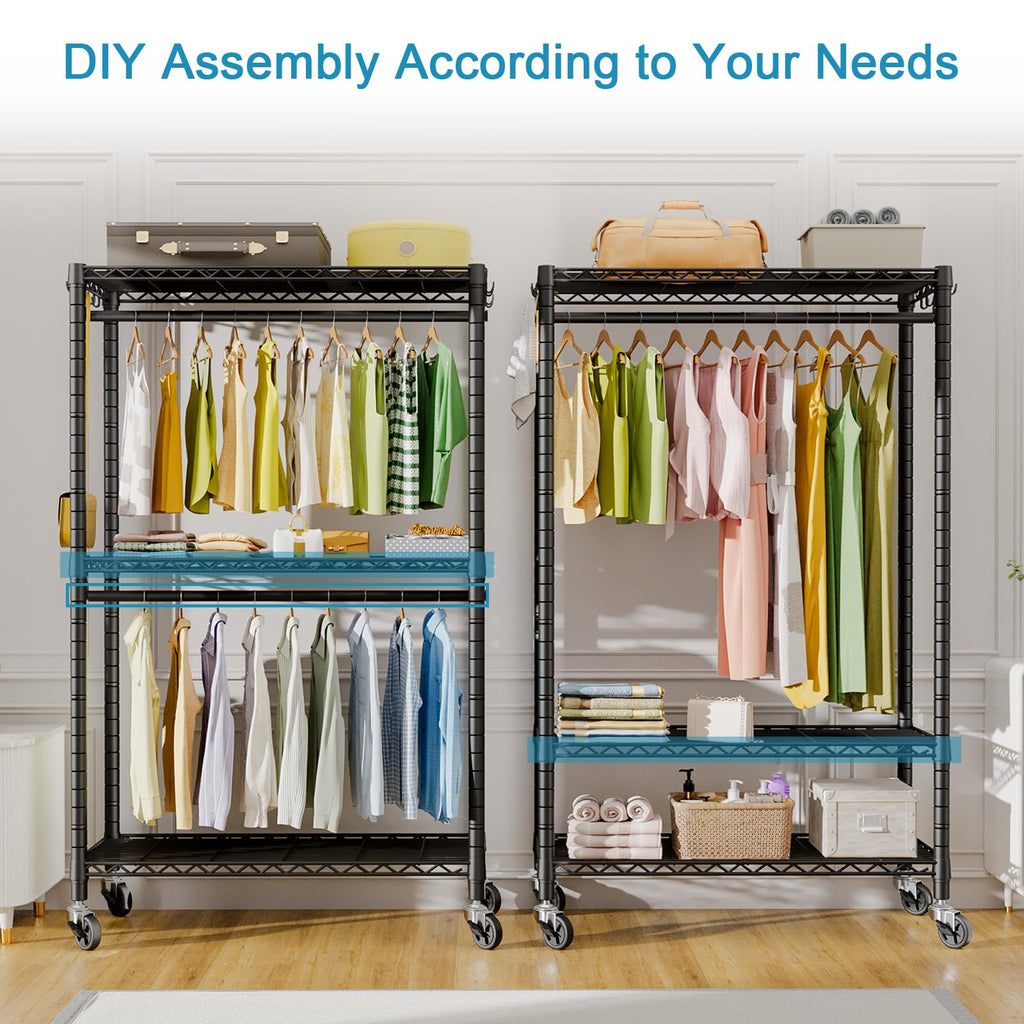 P3 Rolling Clothes Rack, Clothing Racks for Hanging Clothes, Black