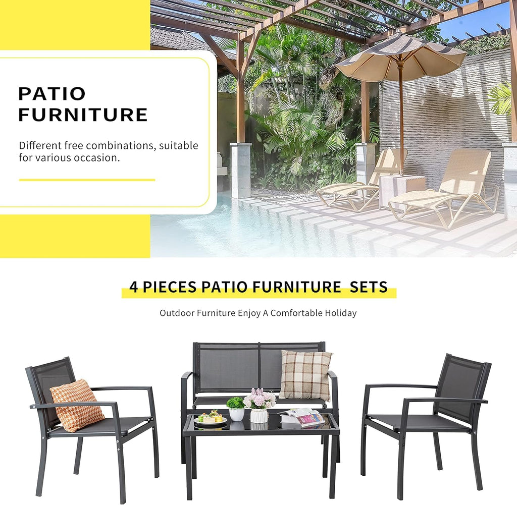 4 Pieces Patio Furniture Set All Weather Textile Fabric Outdoor Conversation Set, with Glass Coffee Table, Loveseat