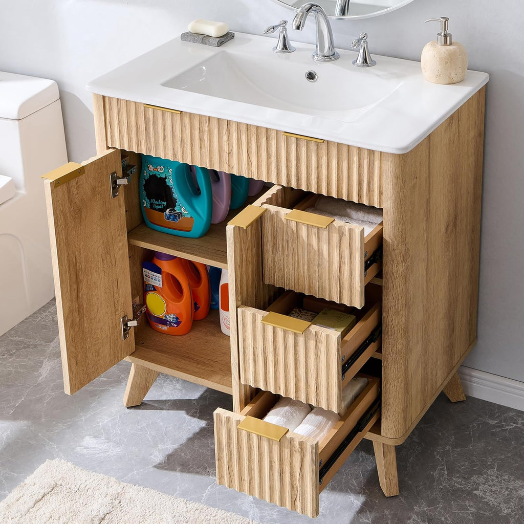 30" Fluted Bathroom Vanity with Ceramic Sink Combo, Freestanding Modern Bathroom Storage Vanity Cabinet with 2 Soft Closing Doors & 3 Drawers, Wood Grain Texture, Metal Handle, Natural Oak A133-B0F1YQ35ZF
