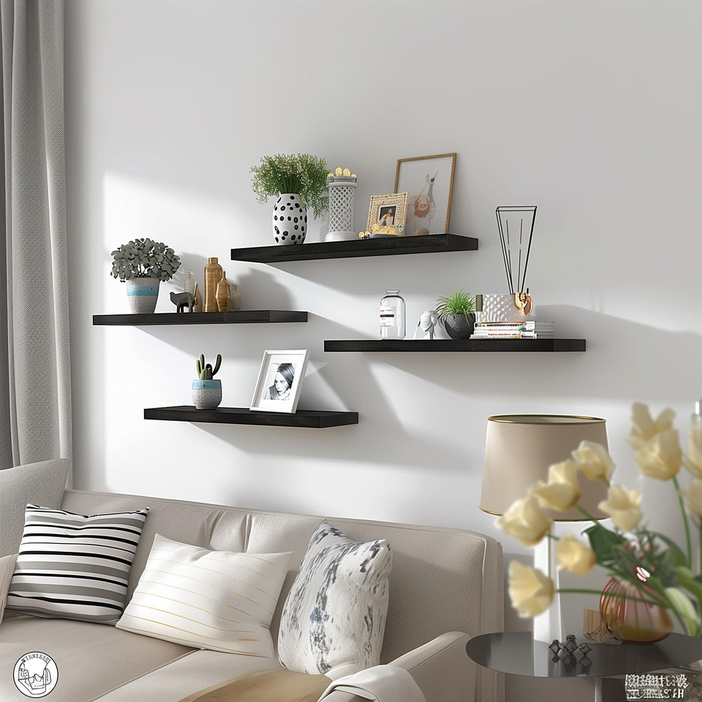 24 Inch Wood Floating Shelves for Wall, Wooden Wall Shelves, Set of 6 Black