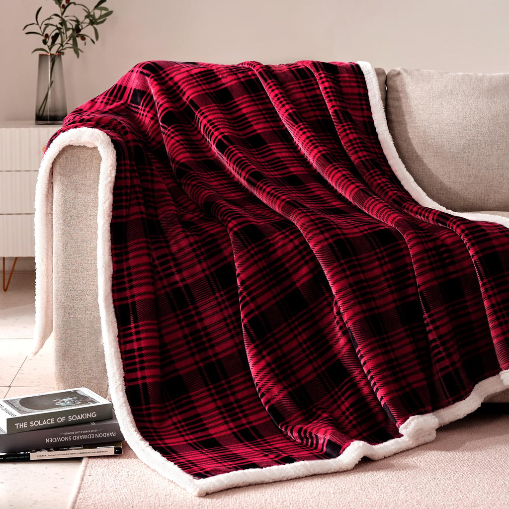 Sherpa Plaid Throw Blanket(60" X 70", Plaid Red), Fuzzy Fluffy Cozy Soft Blanket, Fleece Flannel Plush Twin Size
