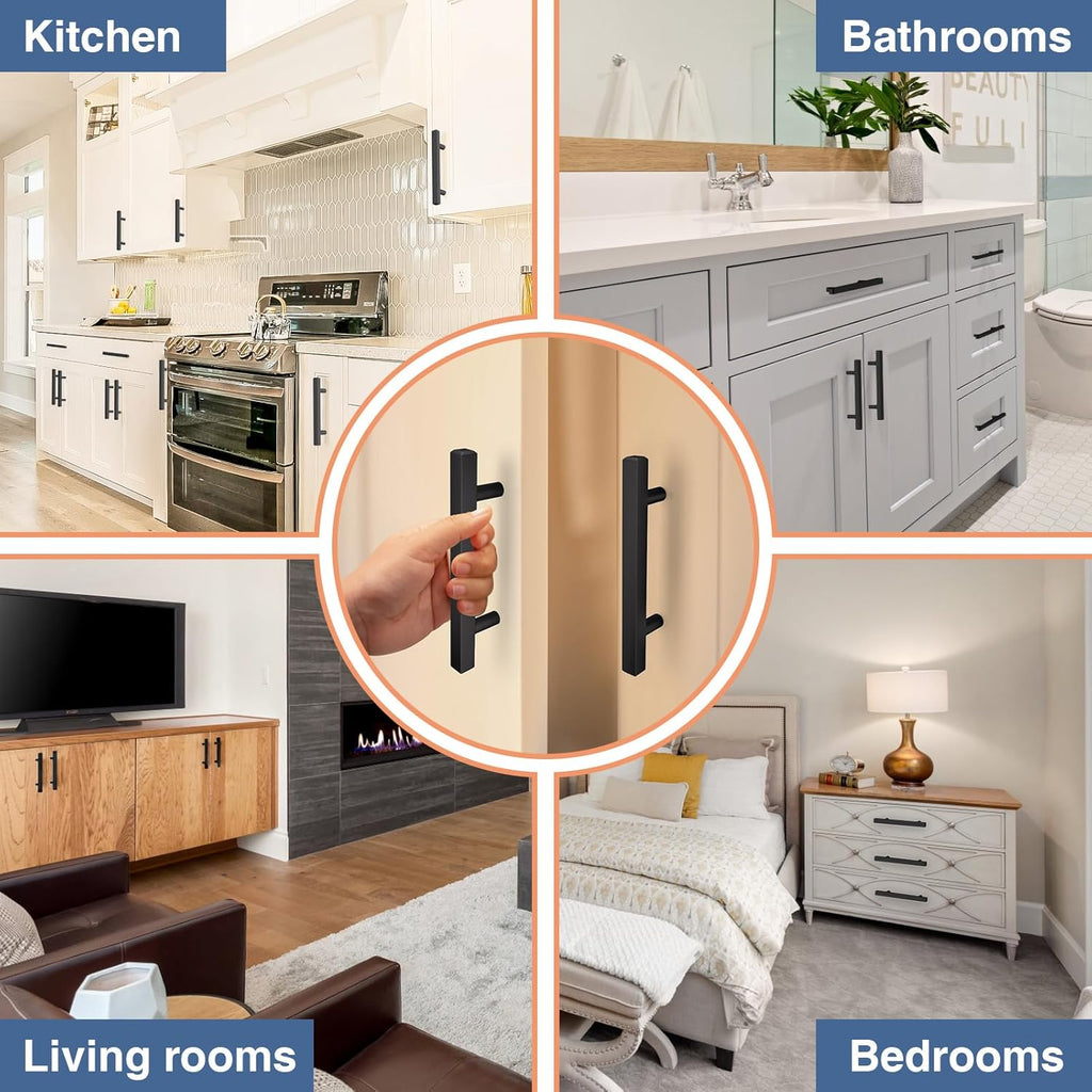 30 Pack 6 inch Square Cabinet Handles Matte Black Drawer Pulls, 3-3/4" Hole Center Kitchen Handles Pulls, Stainless