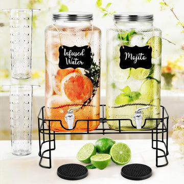 Gallon Glass Drink Dispenser with Stand Spigot Drink Coasters and Filter Leakproof Water Jar Clear Iced - Set of 2