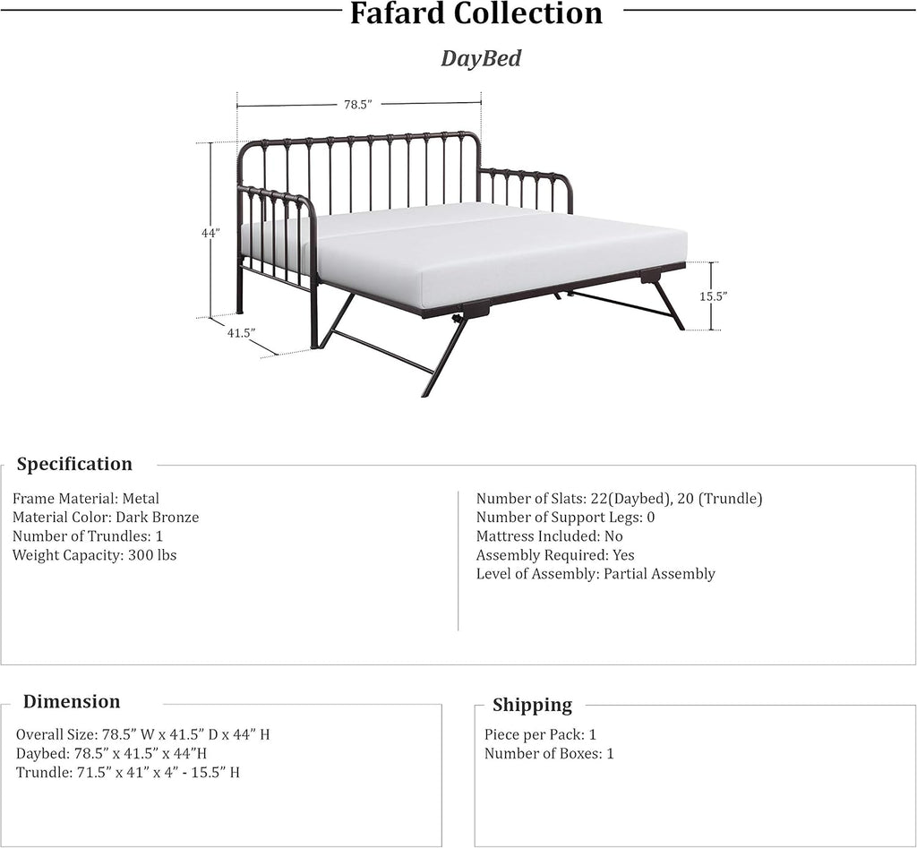 Metal Daybed with Trundle Mattress Foundation with Steel Slat Support, Easy Assembly, Twin Size, Multi-Functional