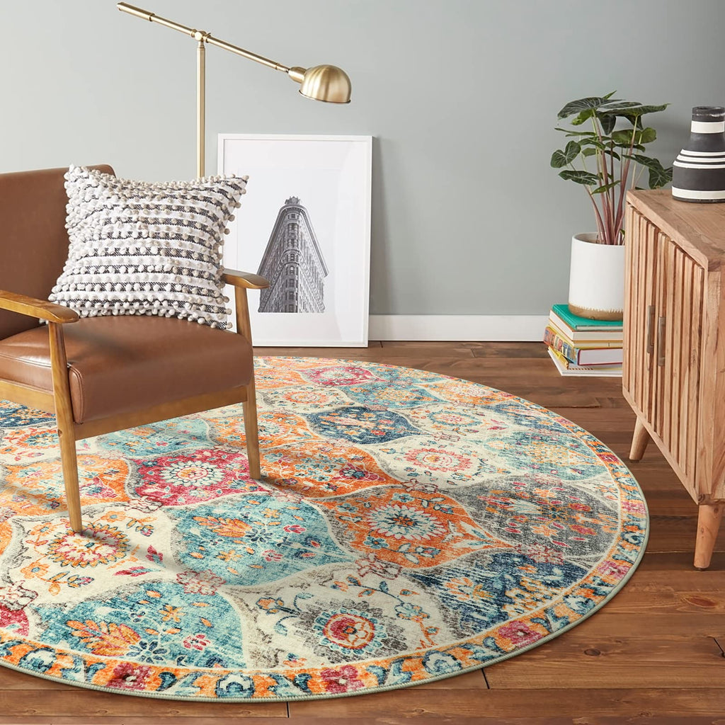 Moroccan Washable Round Area Rug, Soft Round Rugs 6ft Ultra-Thin