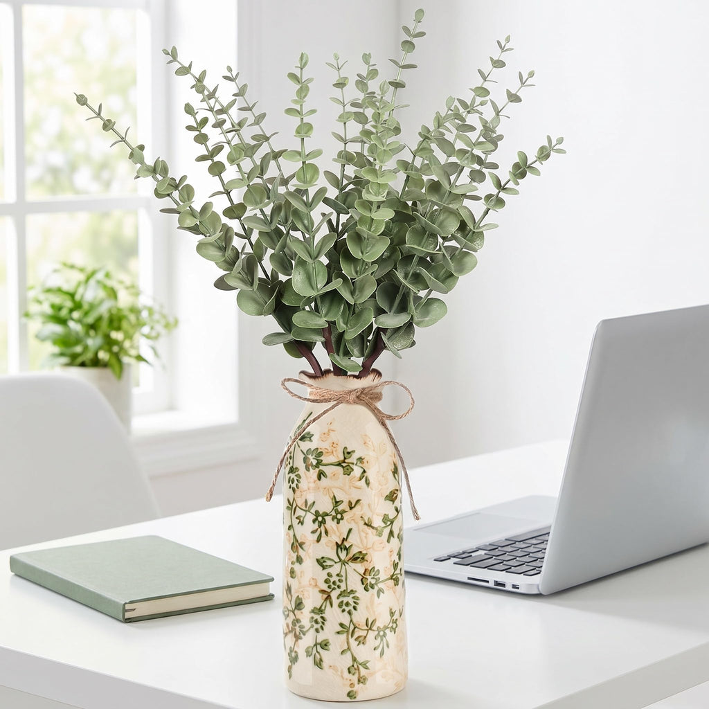 Farmhouse Artificial Eucalyptus Stems in Vintage Ceramic Vase Set (Green)