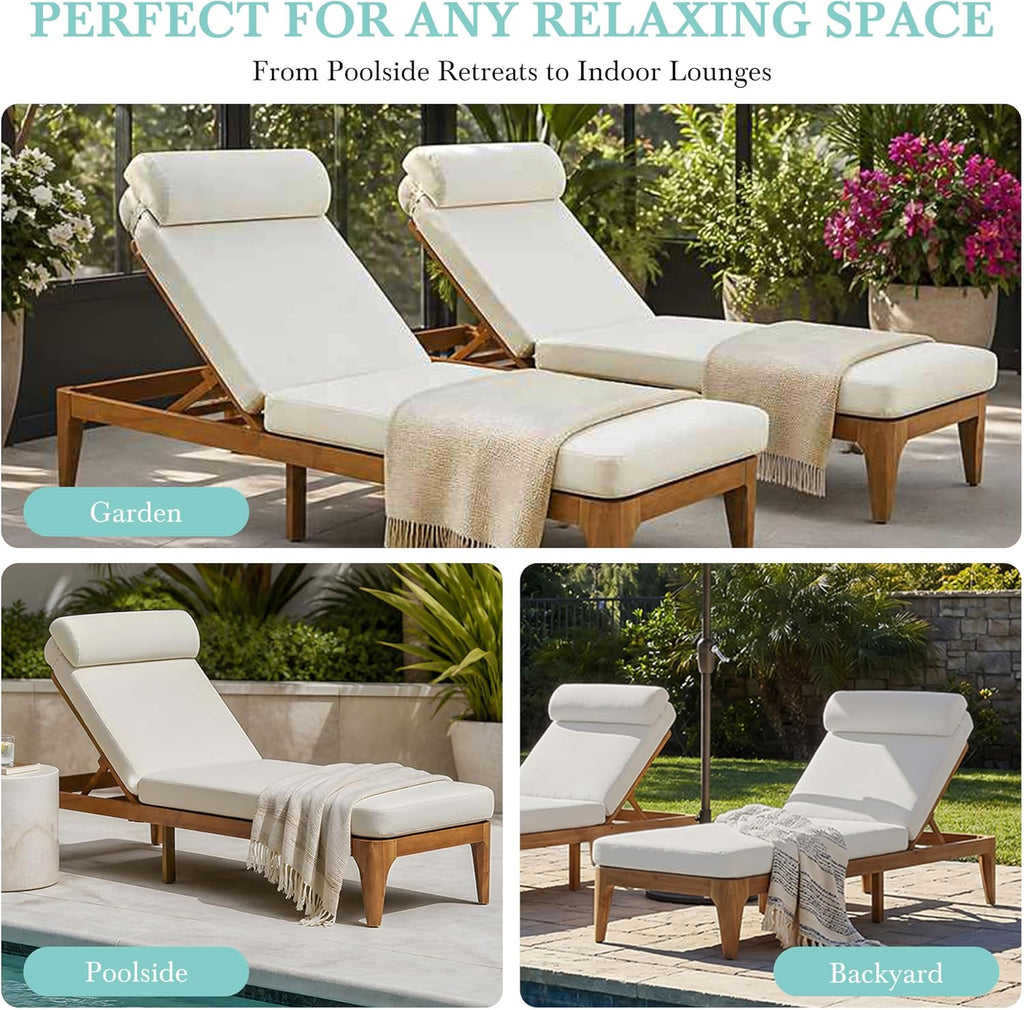 Acacia Wood Outdoor Chaise Lounge Chairs Set of 2 with Cushions, 4-Position Adjustable Patio Recliners with Head
