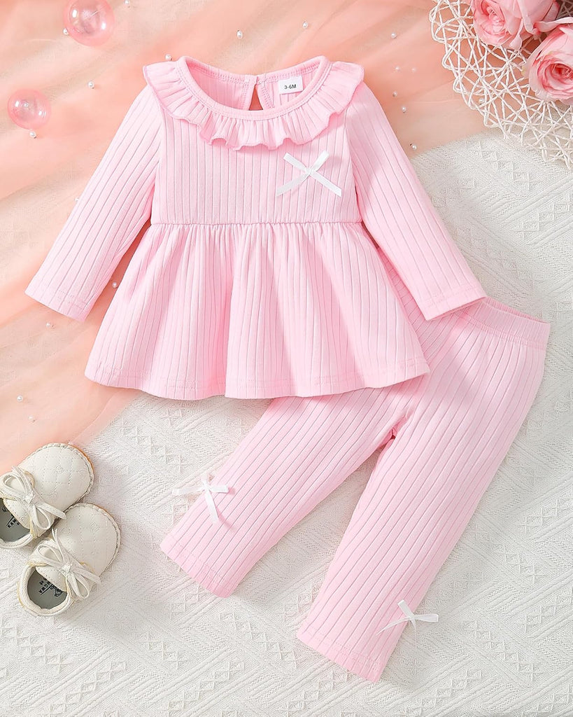 2 Piece Baby Girl Clothes Set Infant Ribbed Ruffle Top Bow Pants