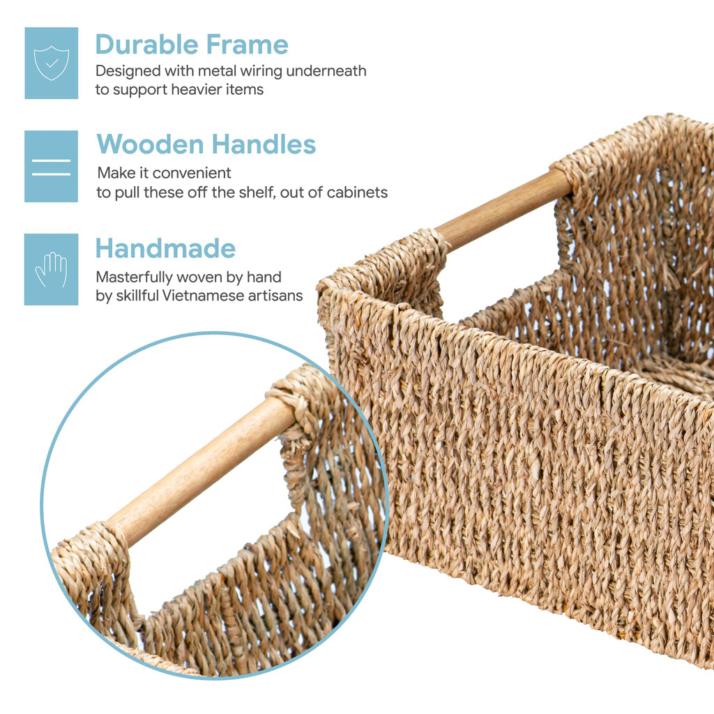 Large Natural Wicker Basket Rectangular with Wooden Handles, Seagrass Storage for Organizing, Shelves 15.5 x 10.6 x