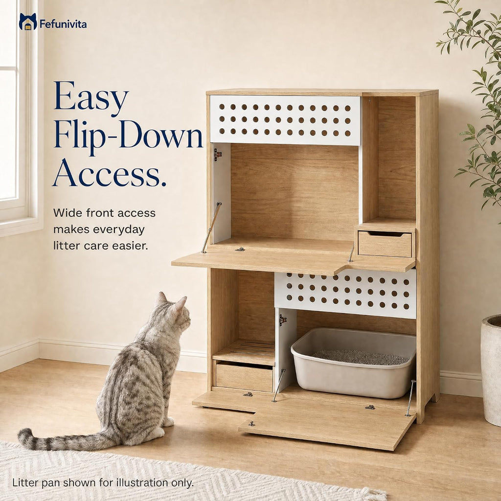 Cat Litter Box Enclosure with Storage & Ventilated Panels, Single Cabinet