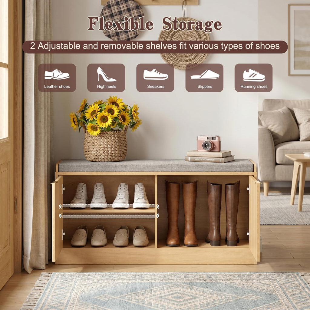 2-Tier Fluted Shoe Storage Bench with Adjustable Shelves and Cushion, Oak丨Entryway Shoe Bench Hidden Shoe Cabinet