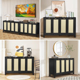Rattan Sideboard Buffet Credenza Cabinet - Large Farmhouse Kitchen Coffee Bar Cabinet with 4 Rattan Door Storage for Entryway Living Room, 55" x 15" x 31.5" (Black)