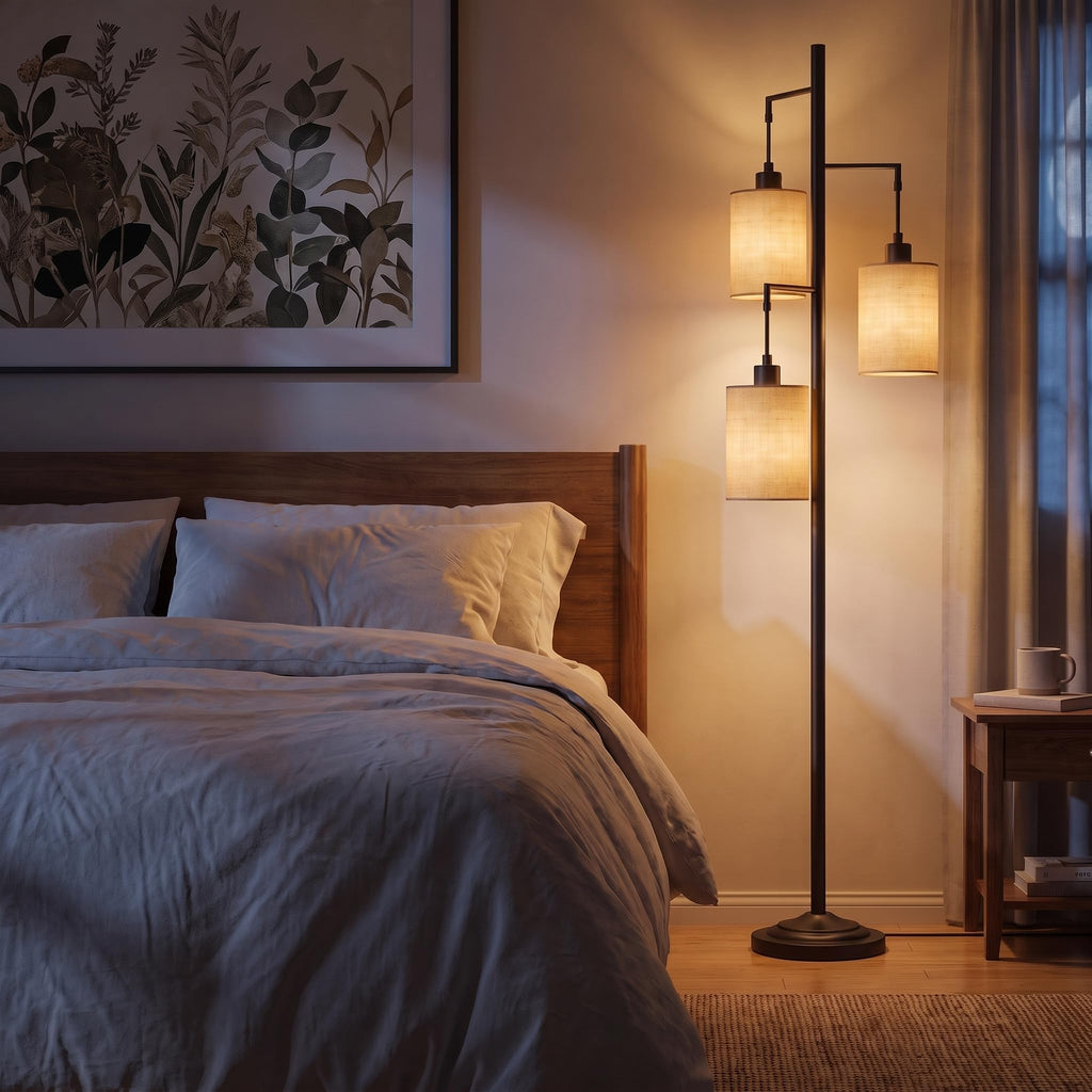 3 Lights Boho Floor Lamps with ON/Off Foot Switch Tree Standing Lamp with Hanging Lampshades Farmhouse Floor Lamp