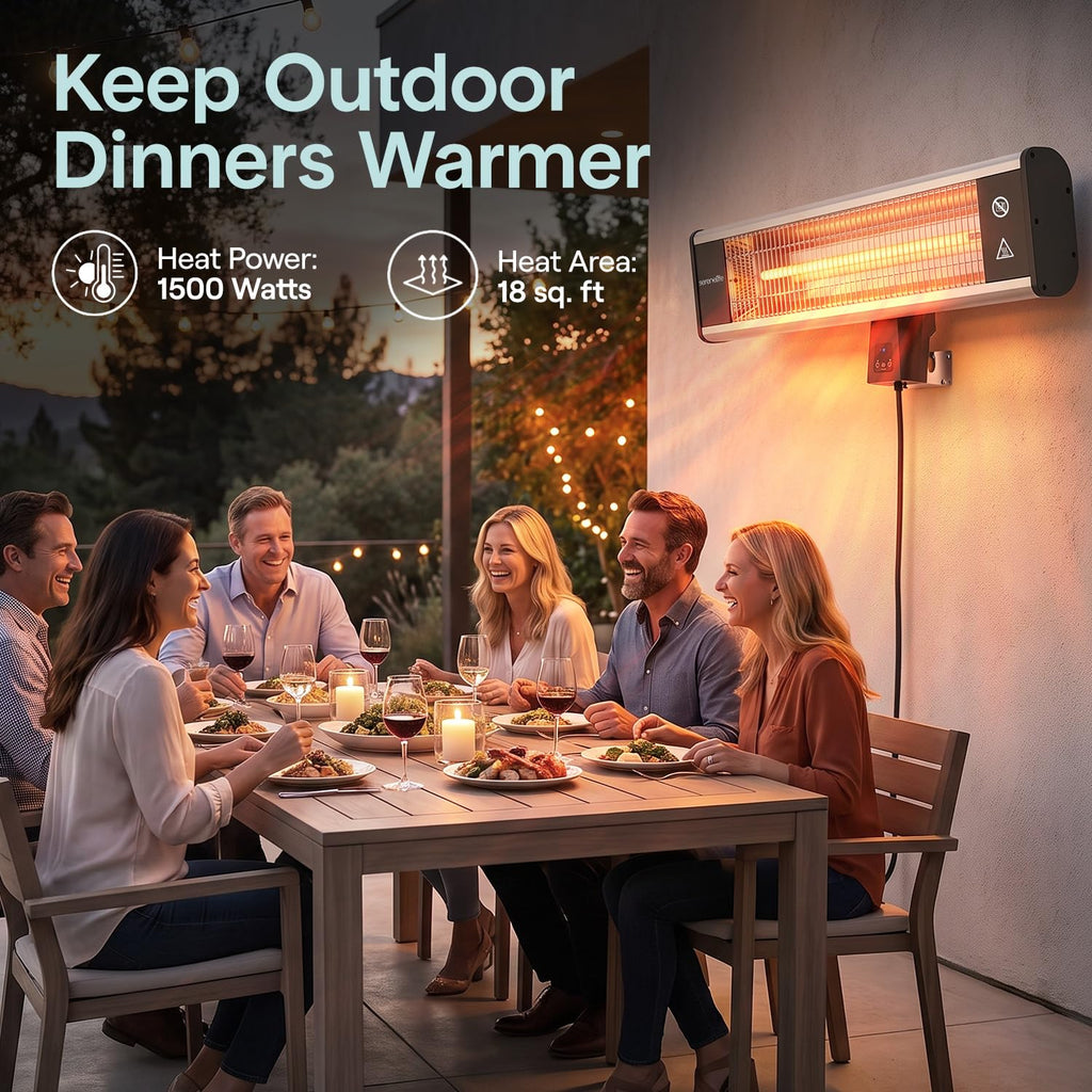 Infrared Patio Heater, Wall-Mounted Electric Heater with Remote Control, 1500W, IP65 Approved, Odorless