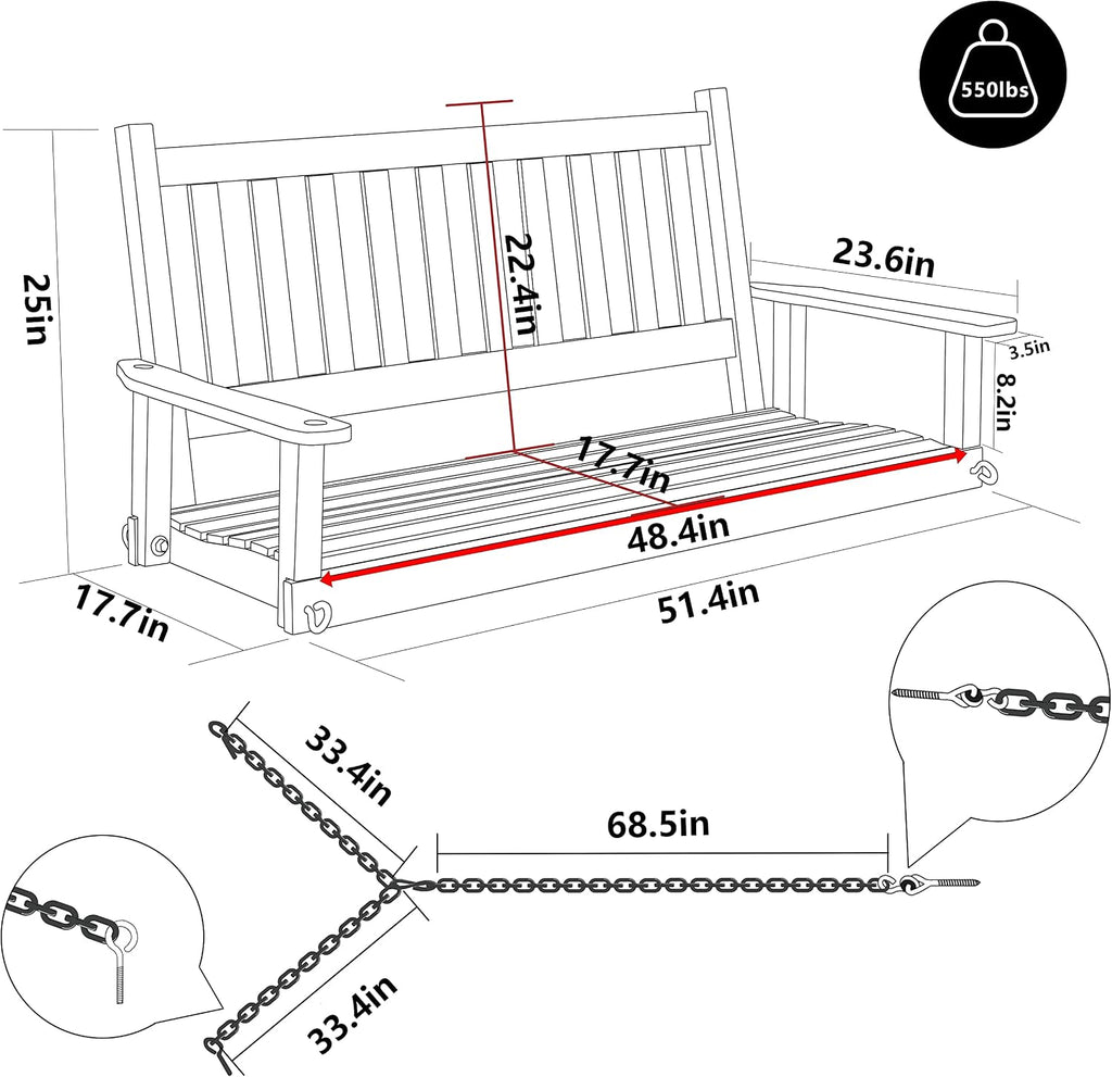 Outdoor Patio Hanging Wooden Porch Swing 4FT with Chains, 2-Person Heavy Duty Swing Bench for Garden and Backyard