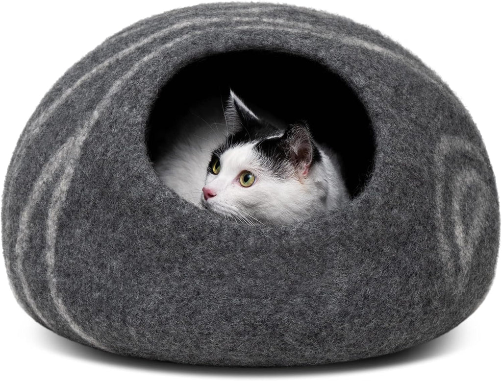 Premium Felt Cat Bed Cave (Dark Grey/Large) and Wool Ball Toys (6-Pack) Bundle