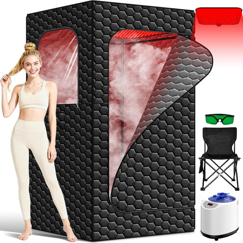 Infrared Sauna Box, 160 LEDs Red Light Sauna Steam Room, Portable Sauna Tent with 3L/1200W Steamer, 15 Heating Levels