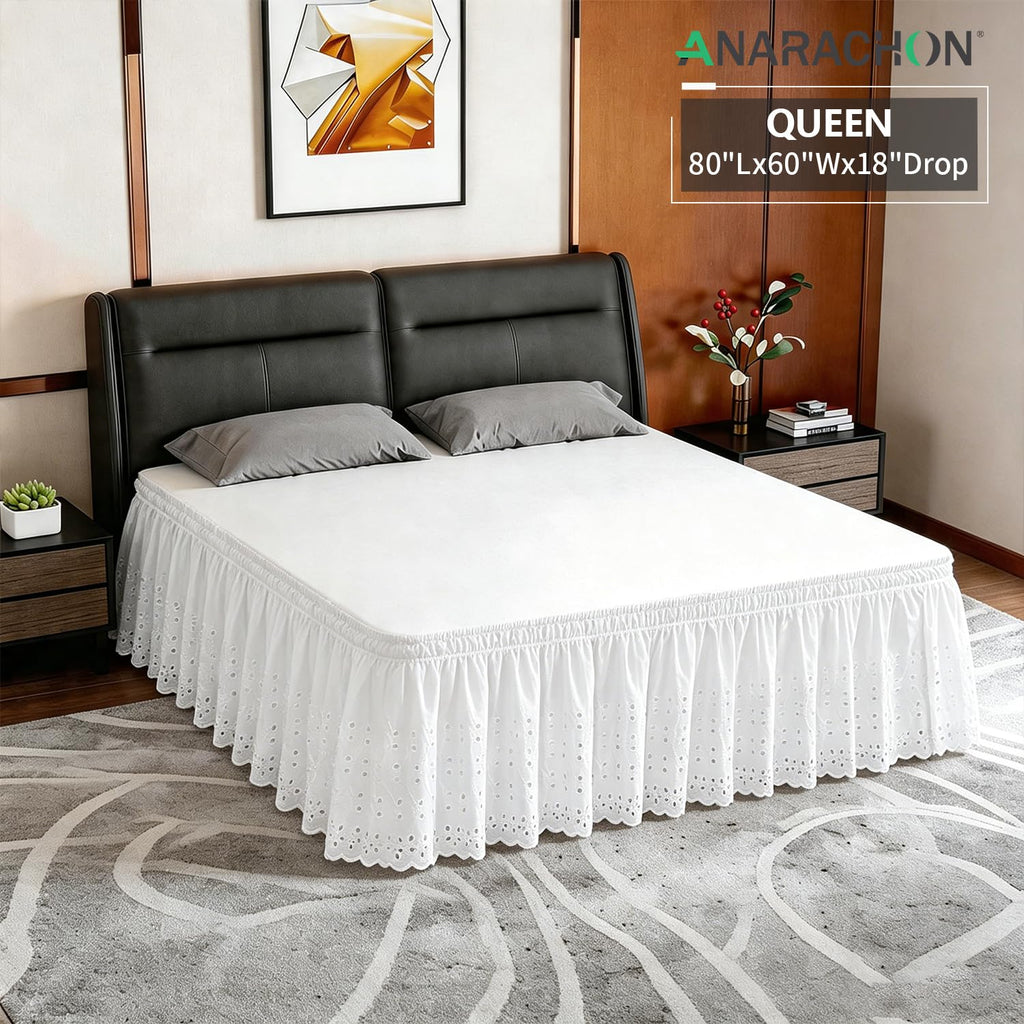Queen Bed Skirt, Wrap-Around Elastic Ruffled Eyelet Bed Skirt Queen Size Dust Ruffle with Gathered Styling and