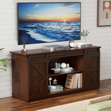 58" TV Stand for TVs up to 65", Sliding Barn Doors, Espresso | Farmhouse Entertainment Center, Storage Cabinets