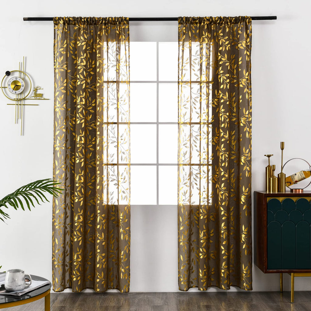 Sheer Curtains 84 Inch Length 2 Panels Set, Luxury Gold Foil Printed Metallic Bronzing Leaves, Privacy Window