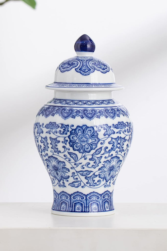 Blue and White Ginger Jar, Ceramic Chinoiserie Decorative Jars, Flower Vase Pocelain, Glossy Vase for Table, Living