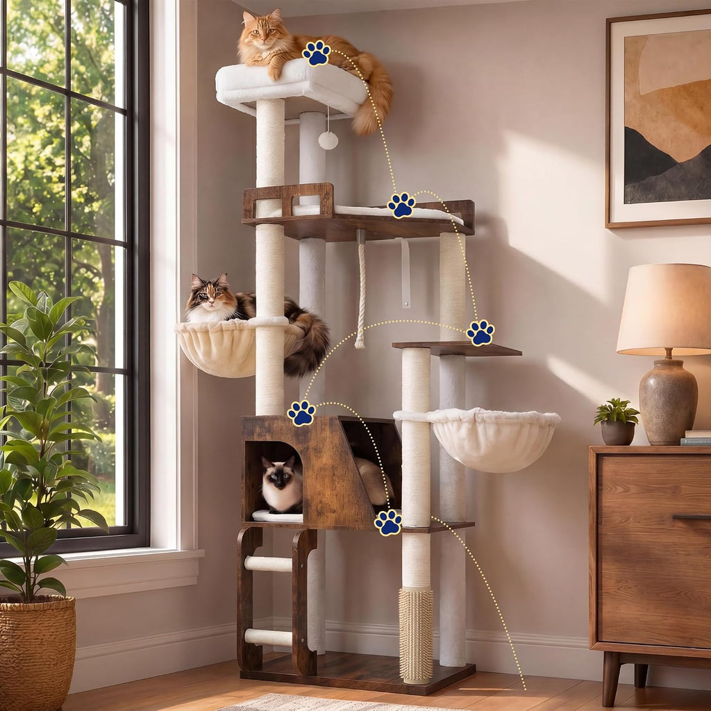 Wooden Cat Tree Tower with Large Condos, 2 Platforms