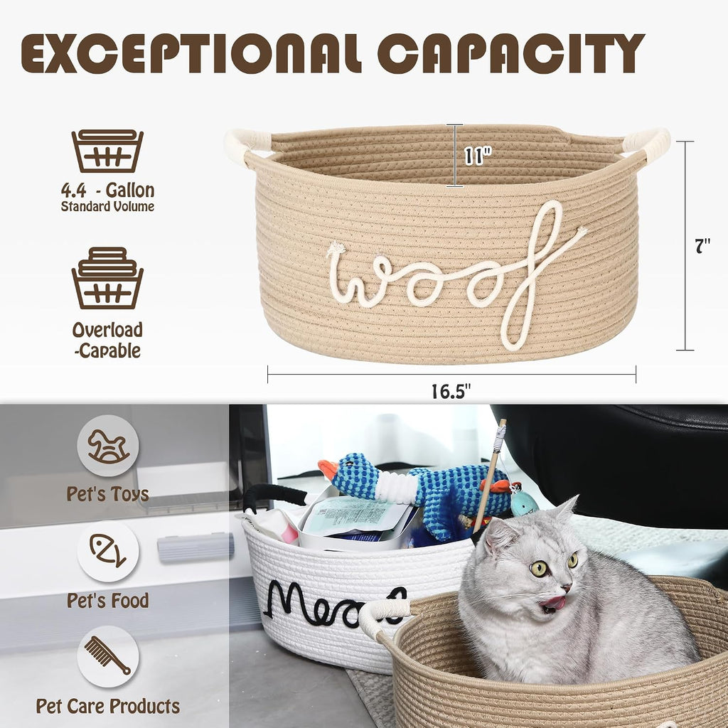 Dog Toy Storage Basket with Handles, Beige Woof