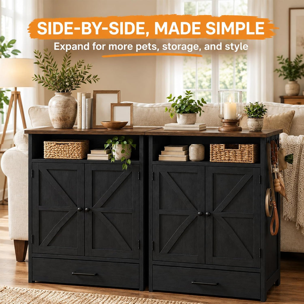 23.6-Inch Dog Feeding Station with Storage, Raised 2-Bowl Cabinet (Black)