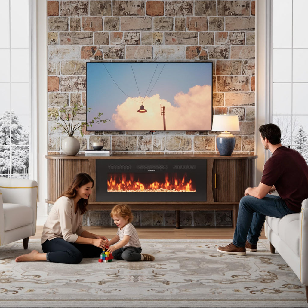 70′′ Fluted Fireplace TV Stand for 80′′ TVs, Entertainment Center with Fluted Sliding Tambour Doors & Adjustable
