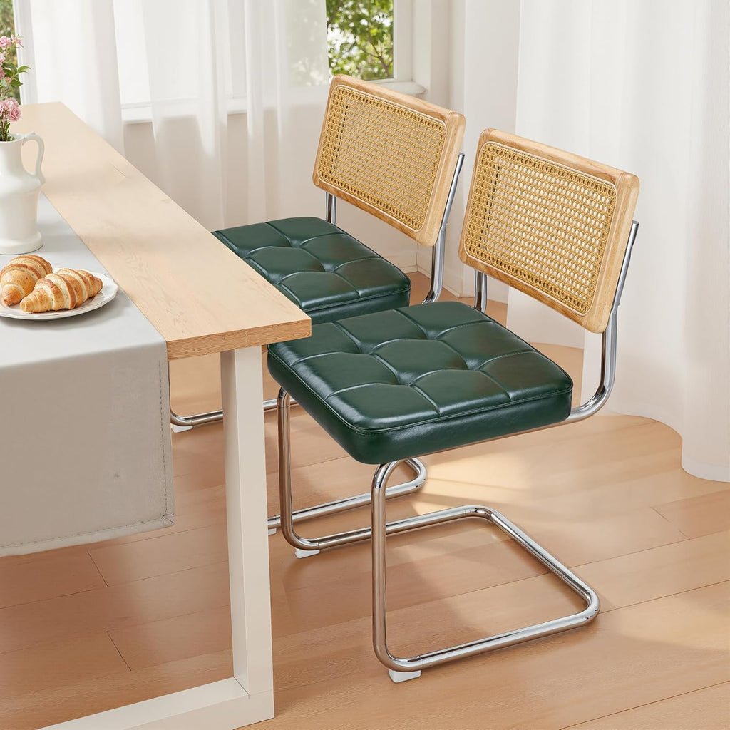 Modern Dining Chairs Set of 2, Faux Leather Upholstered Dining Room Chairs with Cane Rattan Back and Metal Legs, Boho Kitchen Chairs, Green