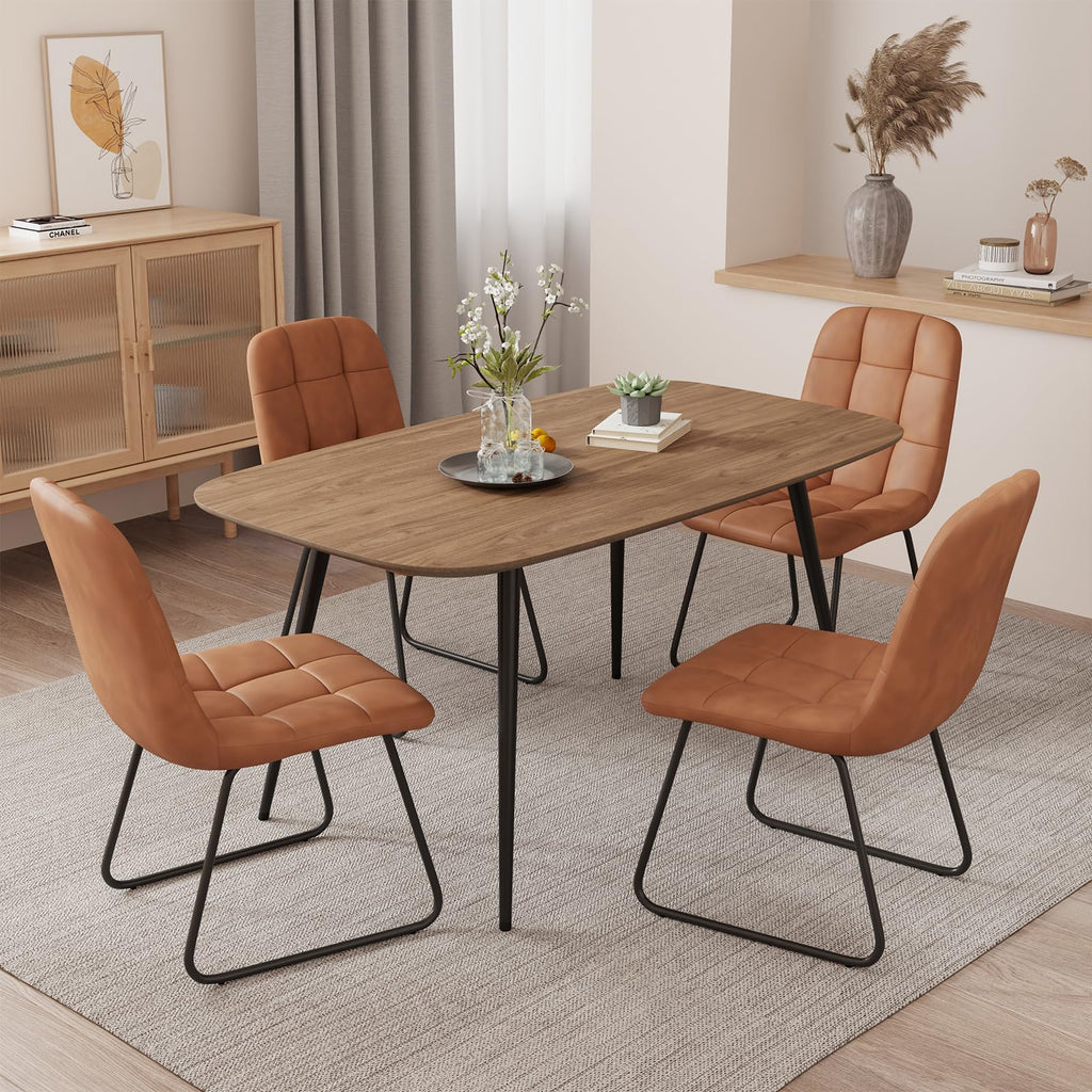 47.2" Modern Farmhouse Dining Table, Wooden Rectangular Dining Table with Metal Legs for 4-6 People (Walnut Color