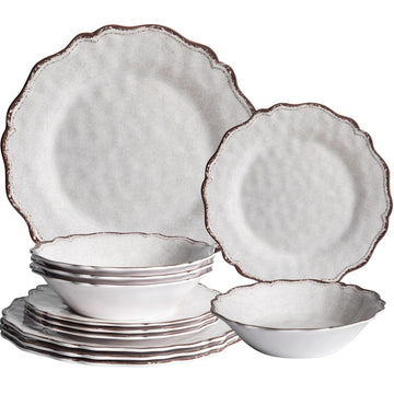 12 Piece Vintage Melamine Dinnerware Sets, White plates and bowls Set For 4