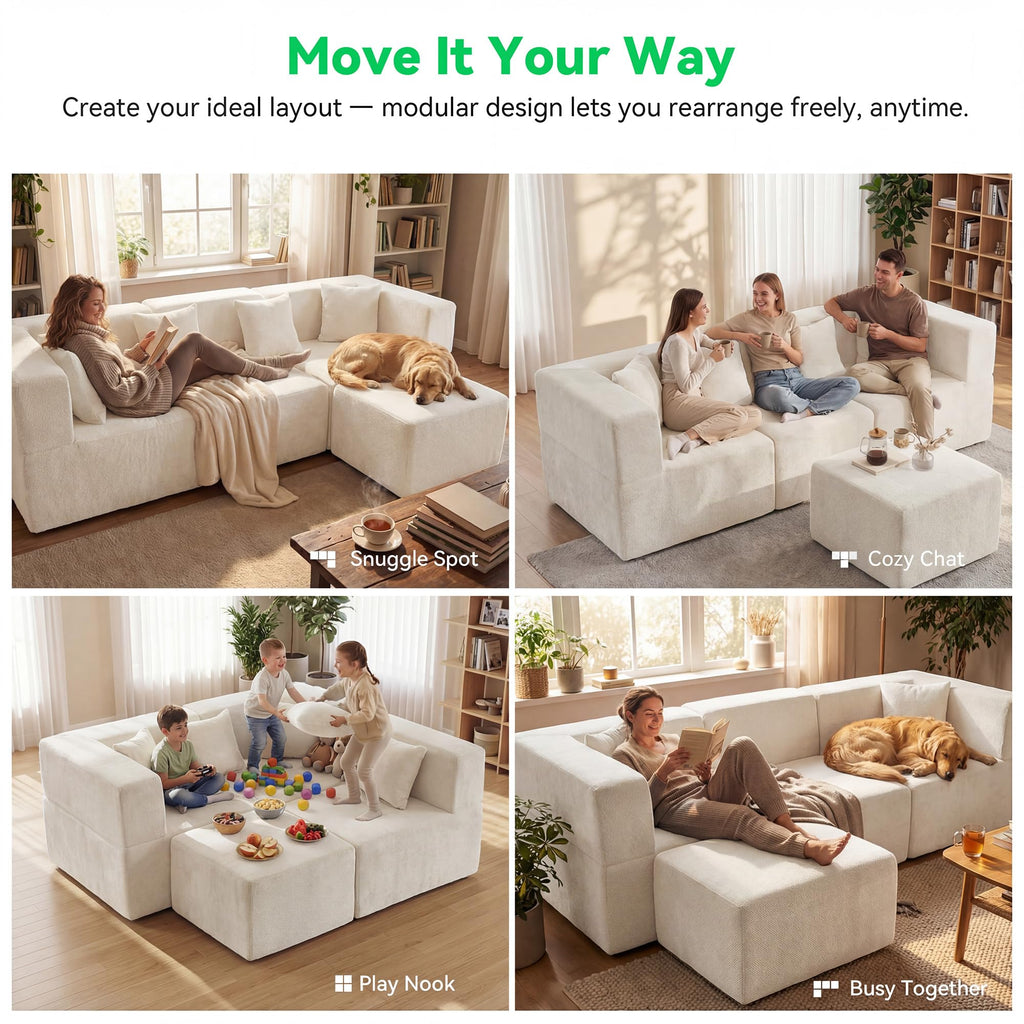 L Shaped Boneless Sectional Couch Oversized, Chenille, Beige