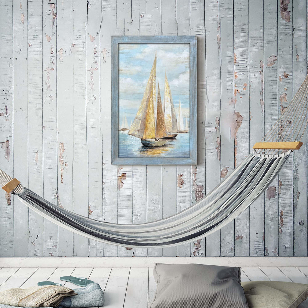 Ocean Nautical Sailboat Wall Art: Coastal Wooden Framed Sea Boat Rustic Seascape Texture Painting Prints Seaside