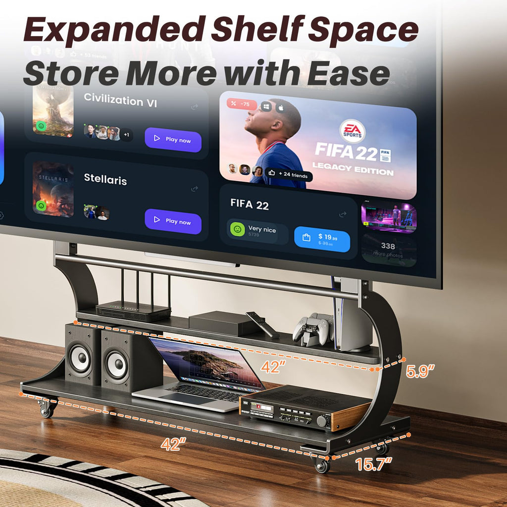 Easel Rolling TV Stand on Wheels for 50-100 Inch TVs with 2-Tier Shelves