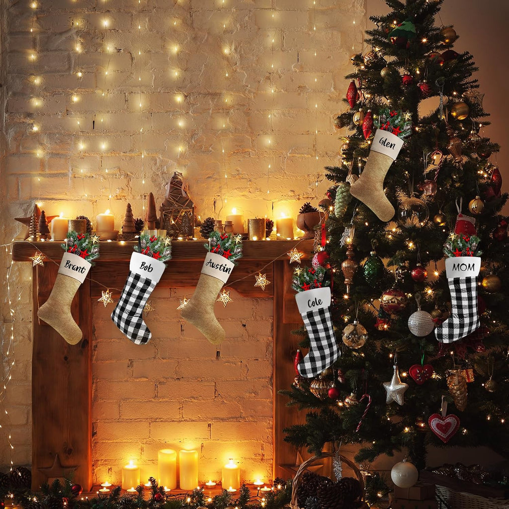 6pcs Christmas Stocking Buffalo Plaid Decor, Black White, Light Brown