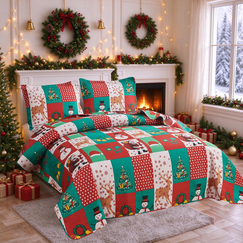 Christmas Bedding Set King Size Christmas Quilt Bedspread Holiday Xmas Bedding Plaid Patchwork Rustic Lodge Cabin