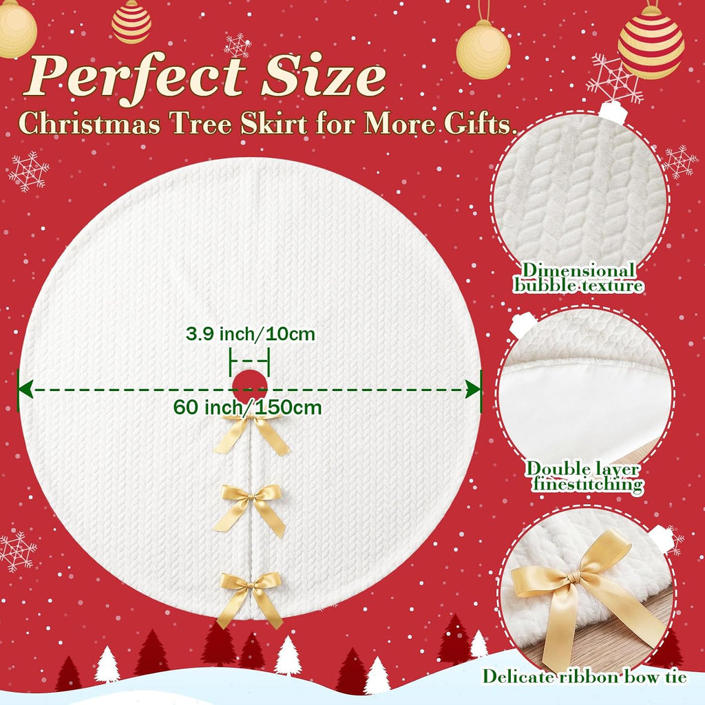 Christmas Tree Skirt, 60-Inch White Cable Knit Decor