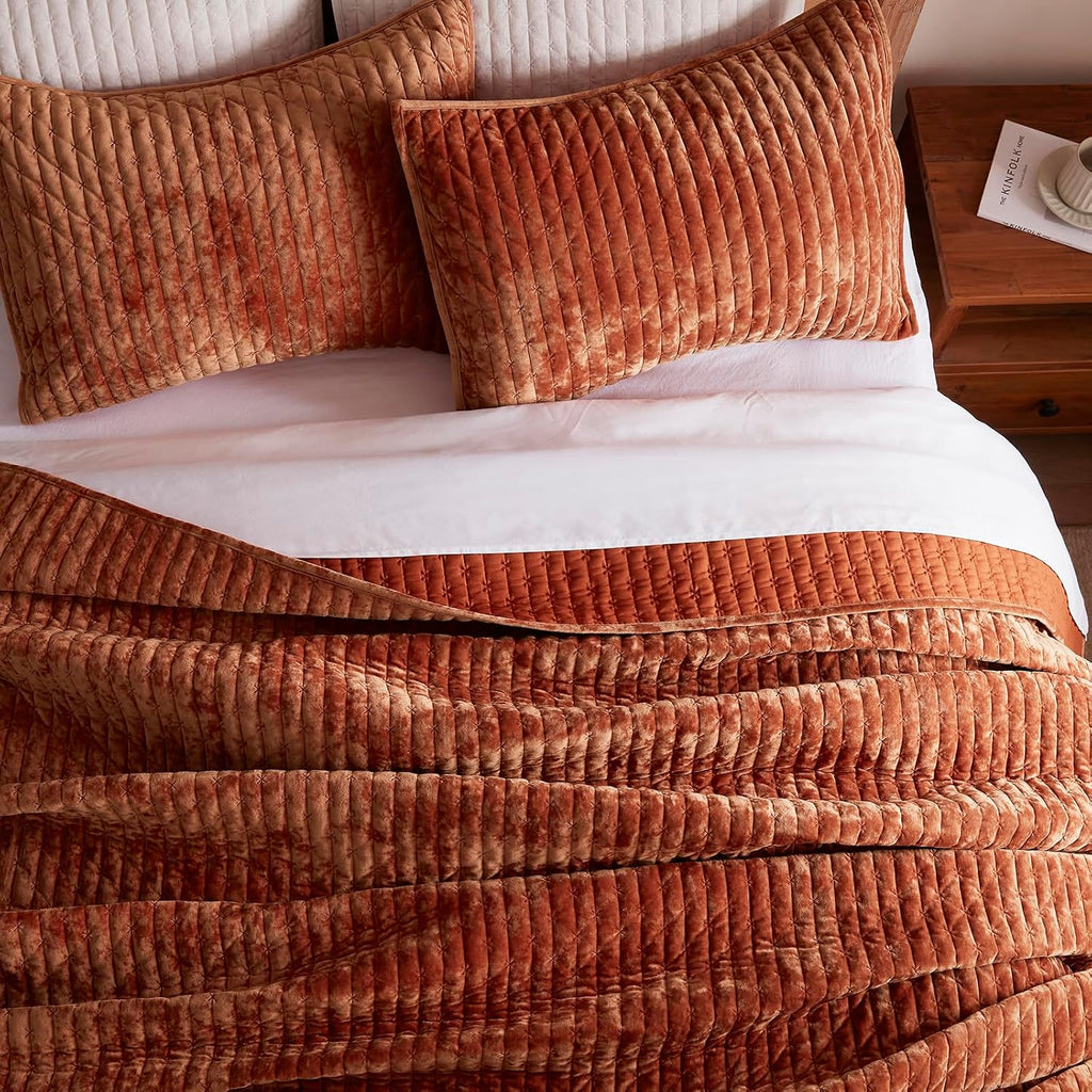 Velvet Quilt King 98''x106'', Lightweight Burnt Orange Velvet Comforter Set with 2 Matching Shams, Soft Cross Stitch