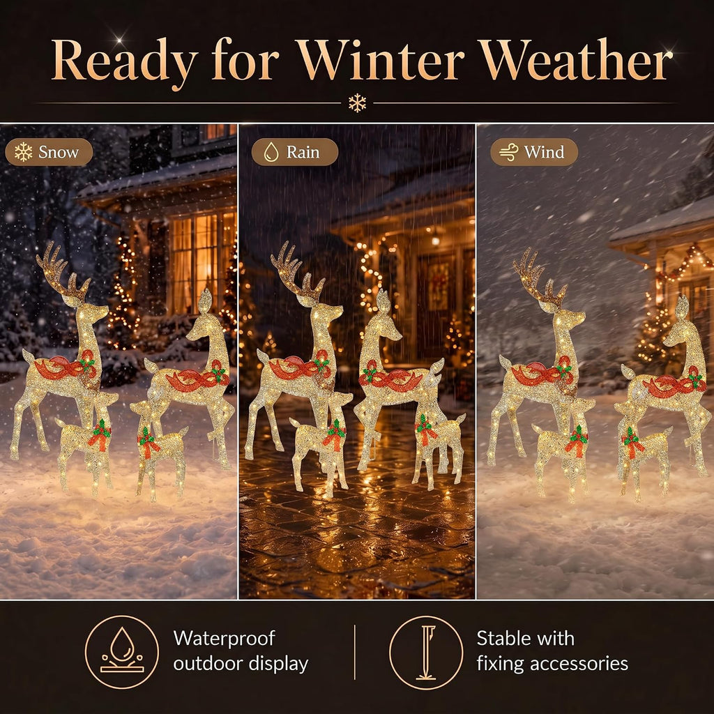 58" 4-Piece 3D Lighted Christmas Deer Family Outdoor Decorations, Large Gold Reindeer Set with 188 Warm White Lights