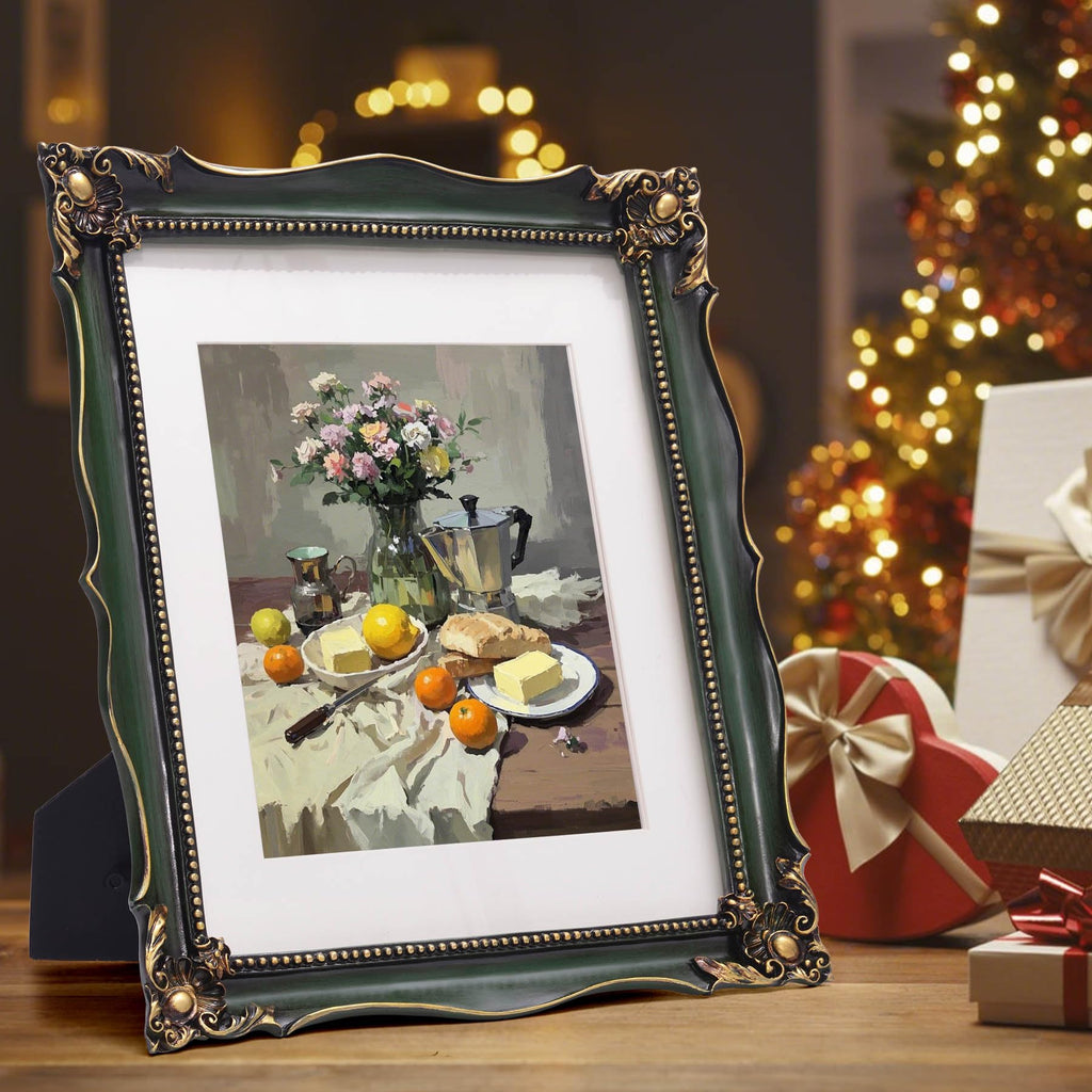 Vintage 11x14 Picture Frame with Embossed Flower, Green Ornate Frame for 11x14 or 8x10 Photos with White Mat