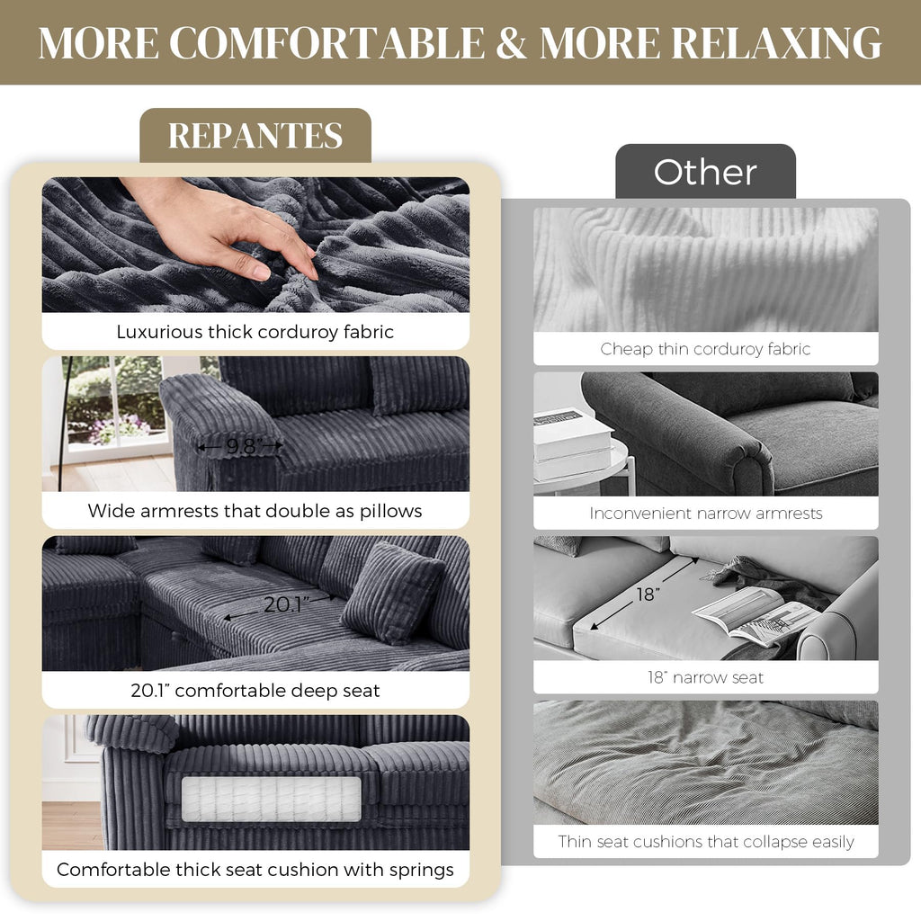 Sectional Sleeper Sofa, Fluffy Soft Corduroy Couch with Pull Out Bed and Storage Chaise, Modern Comfy U Shaped Couch