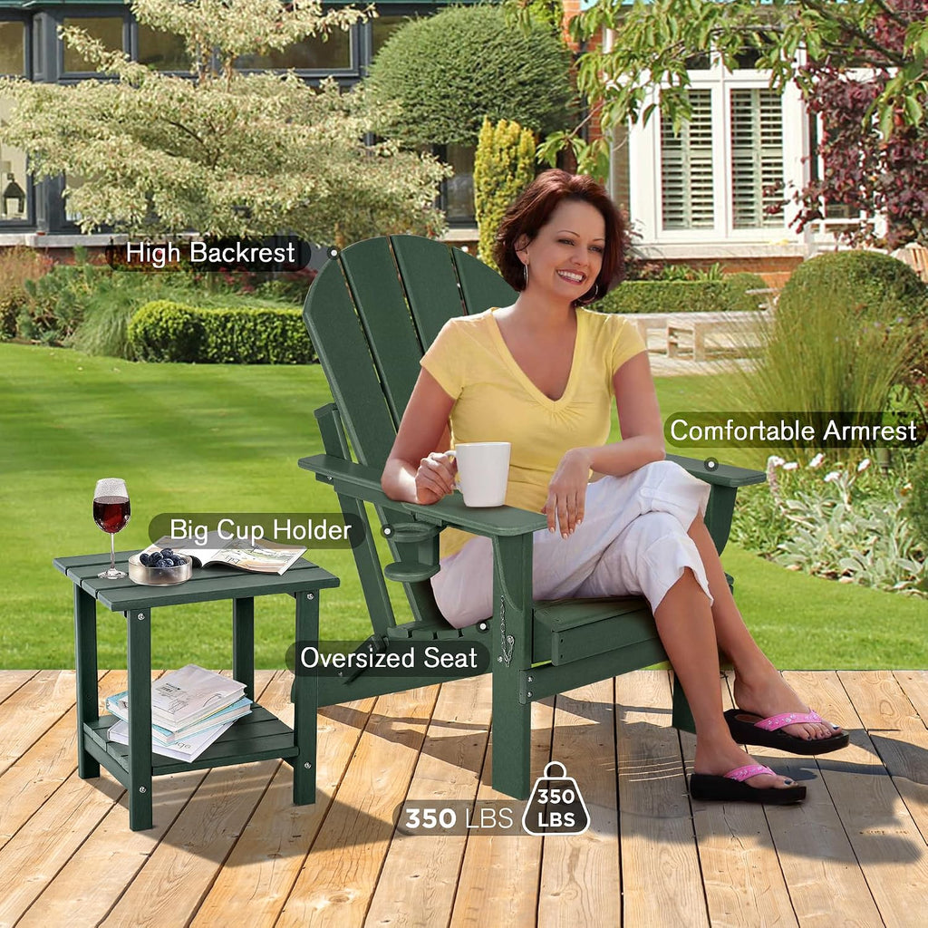 Folding Adirondack Chairs Set of 2 with Cushion with Cup Holder, HDPE Plastic Oversized Patio Chair Weather