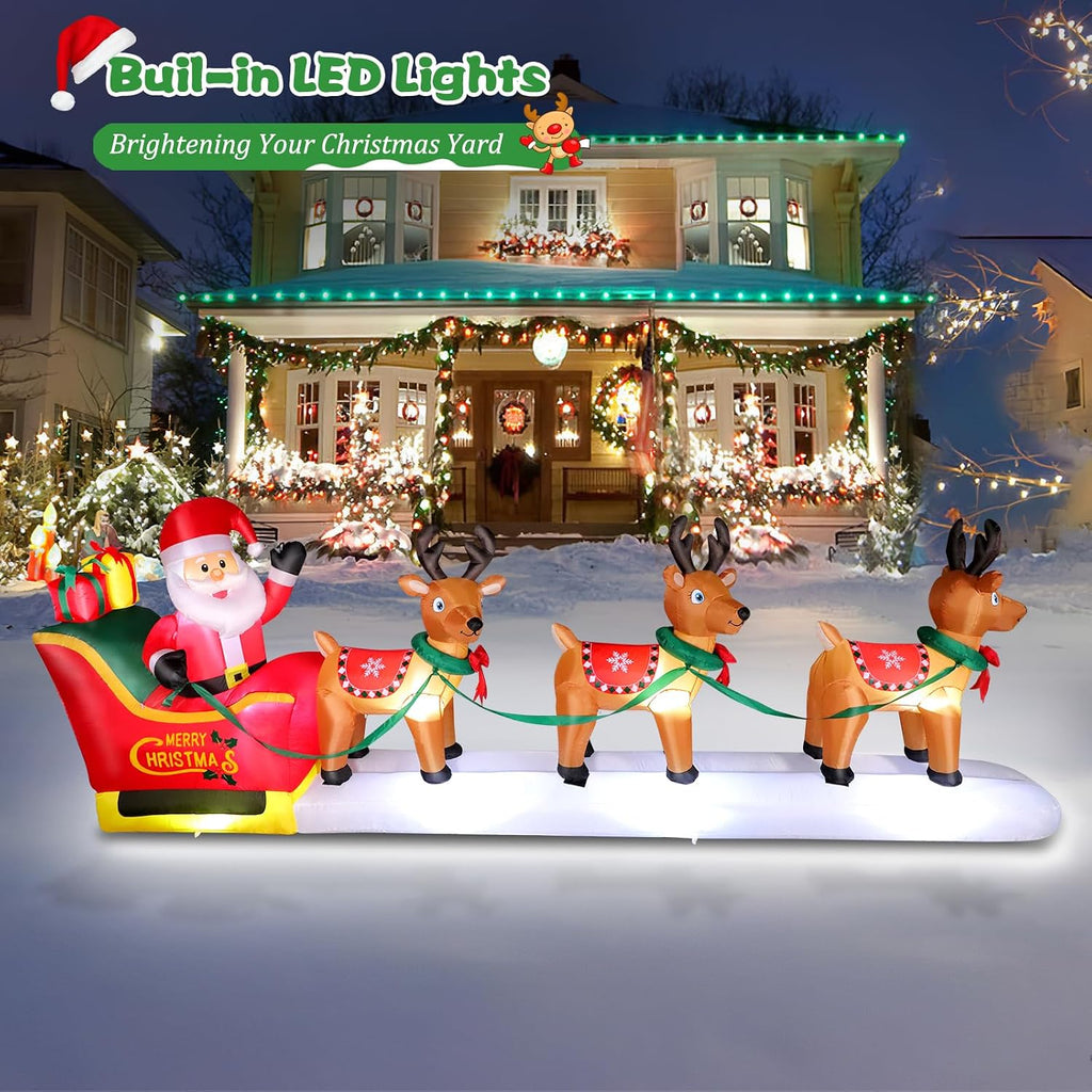 12FT Long Christmas Inflatables Santa Claus on Sleigh with 3 Reindeer Yard Decoration, Cute Blow Up Santa Xmas Decor