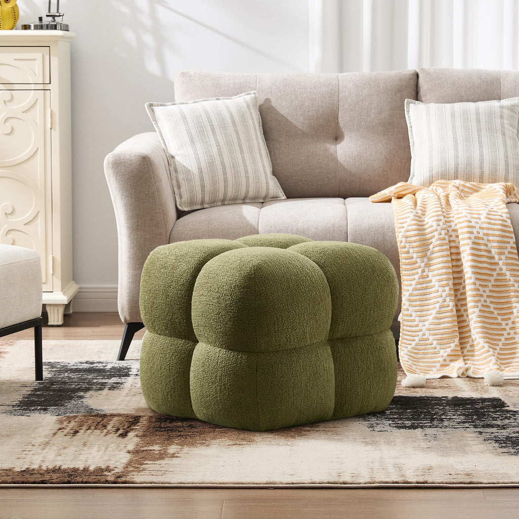 Olive Green‌ Modern Ottoman, 21" Square Fuzzy Couch Sherpa Pouf Ottoman, Tufted Cute Boucle Fabric Foot Stools