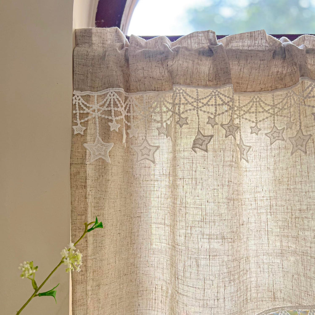 1 Panel Boho Style Beige Arched Linen Cafe Curtain Valance with Stars Trim