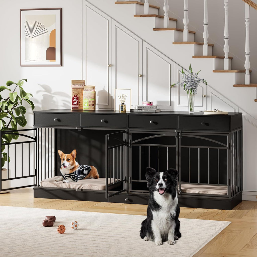 Dog Crate Furniture for 2 Dogs with 4 Drawers, Black