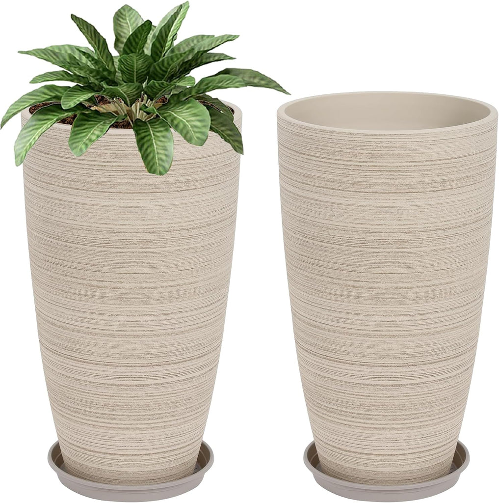 Set of 2 Tall Planter, 21 inch Large Planter, Oat Color | Ceramic-Look, Lightweight, Built-in Drain Hole, Saucers